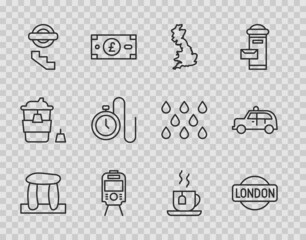 Wall Mural - Set line Stonehenge, London sign, England map, Tram railway, underground, Watch with chain, Cup of tea tea bag and Taxi car icon. Vector