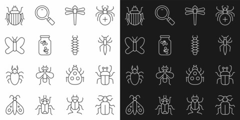 Canvas Print - Set line Chafer beetle, Stink bug, Spider, Dragonfly, Fireflies bugs jar, Butterfly, Colorado and Centipede icon. Vector