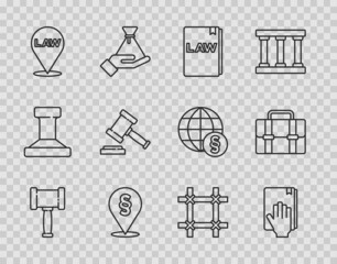 Poster - Set line Judge gavel, Oath on the Holy Bible, Law book, Location law, Prison window and Briefcase icon. Vector