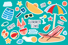 Summer Vacation Stickers. Swimwear, Coctails, Ice Cream, Beach Umbrella And Chair, Camera And Sunglasses In Flat Style Isolated On White Background. Vector Illustration, Clipart, Cartoon.