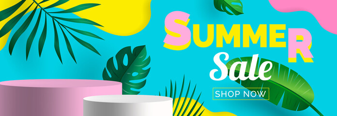 Wall Mural - summer sale creative banner design with tropical leaves and podiums product display presentation  vector illustration