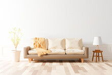 Living Room Interior Mockup With Yellow Sofa And Brown Throw Blanket Standing By Tree On Empty White Wall Background. 3D Rendering. An Illustration