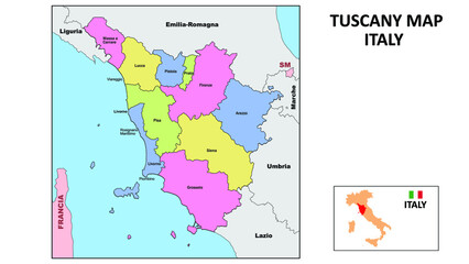  Tuscany Map. State and district map of Tuscany. Political map of Tuscany with neighboring countries and borders.