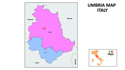 Wall Mural - Umbria Map. State and district map of Umbria. Political map of Umbria with neighboring countries and borders.