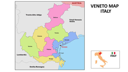 Wall Mural - Veneto Map. State and district map of Veneto. Political map of Veneto with neighboring countries and borders.