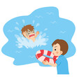 溺れている男の子を助けるために浮き輪を投げようとしている若い男性のイラスト　可愛い　クリップアート