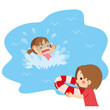溺れている女の子を助けるために浮き輪を投げようとしている若い女性のイラスト　可愛い　クリップアート