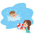 溺れている男の子を助けるために浮き輪を投げようとしている若い女性のイラスト　可愛い　クリップアート