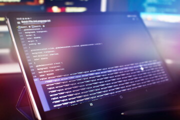 Monitor closeup of function source code. Abstract IT technology background. Software source code.
