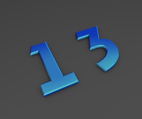 Poster - Number 13. Blue volumetric figure on a gray background. 3D rendering.