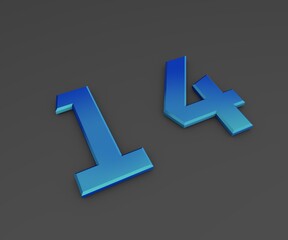 Poster - Number 14. Blue volumetric figure on a gray background. 3D rendering.