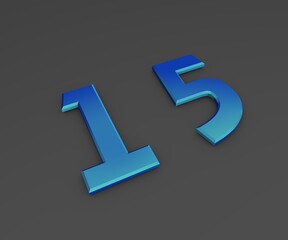 Poster - Number 15. Blue volumetric figure on a gray background. 3D rendering.