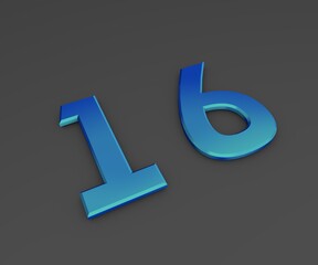 Poster - Number 16. Blue volumetric figure on a gray background. 3D rendering.