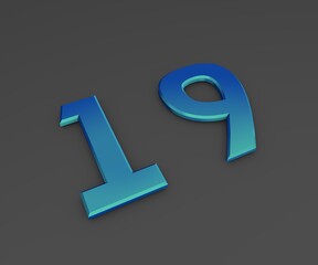 Poster - Number 19. Blue volumetric figure on a gray background. 3D rendering.