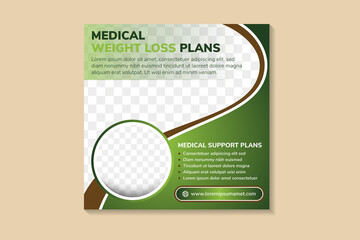 Poster - social media banner design with headline is medical weight loss plans. Space of photo collage and text. Advertising banner with square layout. green gradient background and  brown element.