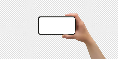 Woman hand showing horizontal phone empty screen, vector illustration