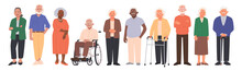 Elderly People Characters Set. Happy Seniors, Old Men And Women Of Different Nations In Full Growth