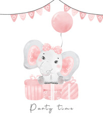 Wall Mural - cute baby pink elephant girl sitting on present gift boxes, nursery birthday wildlife animal waterco