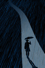 A Man With An Umbrella Walks On A Path In A Heavy Rainstorm At Night In This 3-d Illustration.