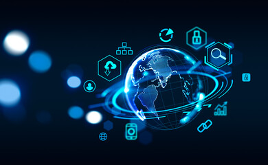 Fototapete - Earth sphere and digital icons, metaverse and global connection