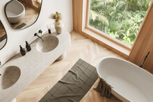Top View Of Light Bathroom Interior With Bathtub, Sink And Panoramic Window