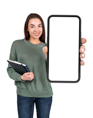 Poster - Woman with notes, show phone mockup display isolated over white