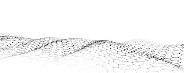 Abstract futuristic hexagon wave with moving dots. Flow of particles. Technology illustration. Vector illustration.