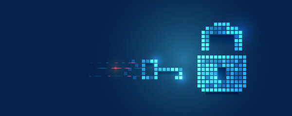 Poster - Pixel padlock. Cyber security for business and internet projects. Vector illustration of data security services. Data protection, privacy, and internet security concept. Hi-tech various background.