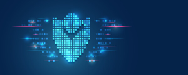 Aufkleber - Pixel shield icon, future technology for verification. Abstract high tech background. Data security system, information, or network protection. Cyber security and data protection.