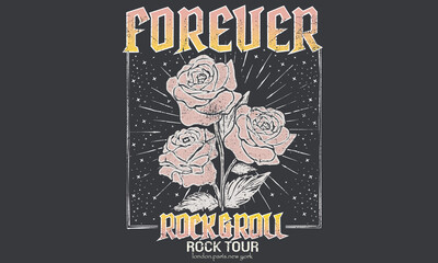 Rock and roll t-shirt design. Rose rocking vector graphic print design for apparel, stickers, posters, background and others. Rock tour vintage artwork.