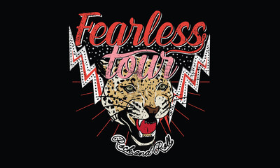 Wall Mural - Fearless tour t-shirt design. Leopard rocking vector graphic print design for apparel, stickers, posters, background and others. Rock tour vintage artwork.