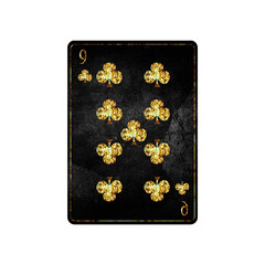 Wall Mural - Nine of Clubs, grunge card isolated on white background. Playing cards. Design element.