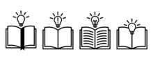 Open Book And Light Bulb Vector Icons Set On White Background. Symbol New Idea. Learning Concept. 