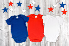 Three Baby Bodysuits Red White Blue Patriotic Flat Lay Mockup