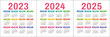 Calendar 2023, 2024 and 2025 years. Calender design template. Week starts on Sunday. January, February, March, April, May, June, July, August, September, October, November, December
