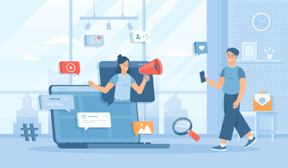 Wall Mural - Social media news, Email marketing, Online advertising. Promotion strategy. Flat cartoon vector illustration with people characters for banner, website design or landing web page 
