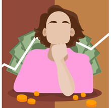 Happy Successful Businesswoman Work Online On Laptop Receive Good Financial Income From Web Trading. Smiling Woman Freelancer Get Paid In Internet, Get Dividend From Investment. Vector Illustration