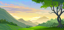 The Grungy Mountain Peaks Touch The Sky During Sunset With Meadows, Grass, And Green Forest.