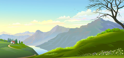 Wall Mural - a perspective of the mountains, sky and a river. a small house on top of a cliff.