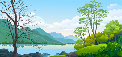 Wall Mural - clearwater reflects the mountain view with meadows and forest.