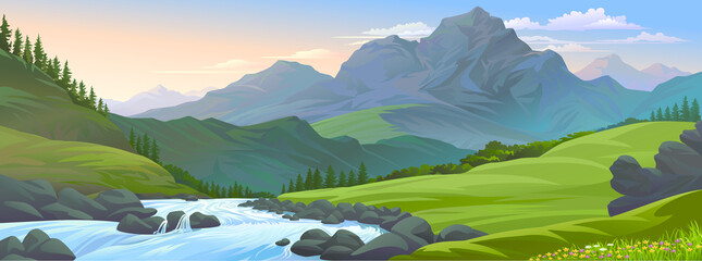Wall Mural - a river flowing downstream through the meadows.