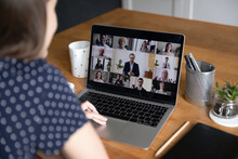 Freelance Remote Employee Girl Talking On Video Conference Call To Team Of Coworkers, Speaking To Audience, Attending Virtual Business Meeting, Negotiations, Seminar, Training Course