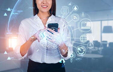 Poster - Businesswoman wearing formal wear is holding smartphone with digital interface