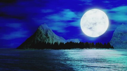 Wall Mural - Wide grasslands with pine trees and mountains alternate in the background. Full moon night bright stars are filling the sky. Night mountain scenery with fireflies flying above the ground.