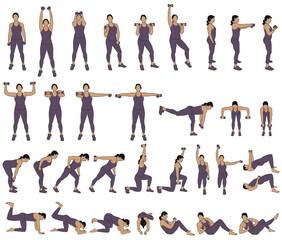 Wall Mural - Big set of vector colored silhouettes of girl  working out with dumbbells. Illustrations of sportive woman  in costume doing fitness exercises with weights for muscles of legs and arms. Fintess Icons.