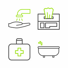 Poster - Set line Bathtub, First aid kit, Wet wipe pack and Washing hands with soap icon. Vector