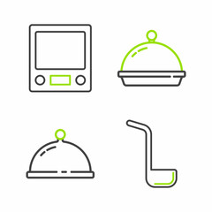 Poster - Set line Kitchen ladle, Covered with tray of food, and Electronic scales icon. Vector