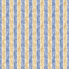 Seamless French country kitchen stripe fabric pattern print. Blue yellow white vertical striped background. Batik dye provence style rustic woven cottagecore textile. 