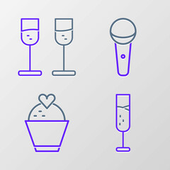 Sticker - Set line Glass of champagne, Wedding cake with heart, Microphone and icon. Vector