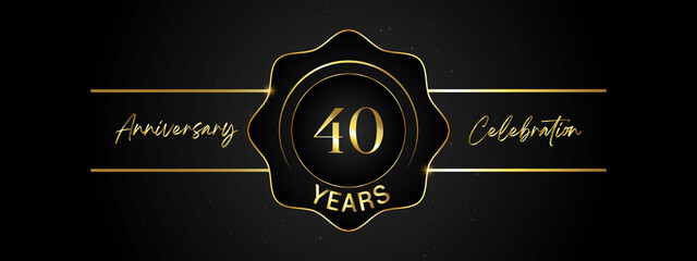 40 years anniversary celebration with gold number isolated on black background. Vector design for greeting card, birthday party, wedding, invitation card. 40 Years Anniversary Celebration Logotype